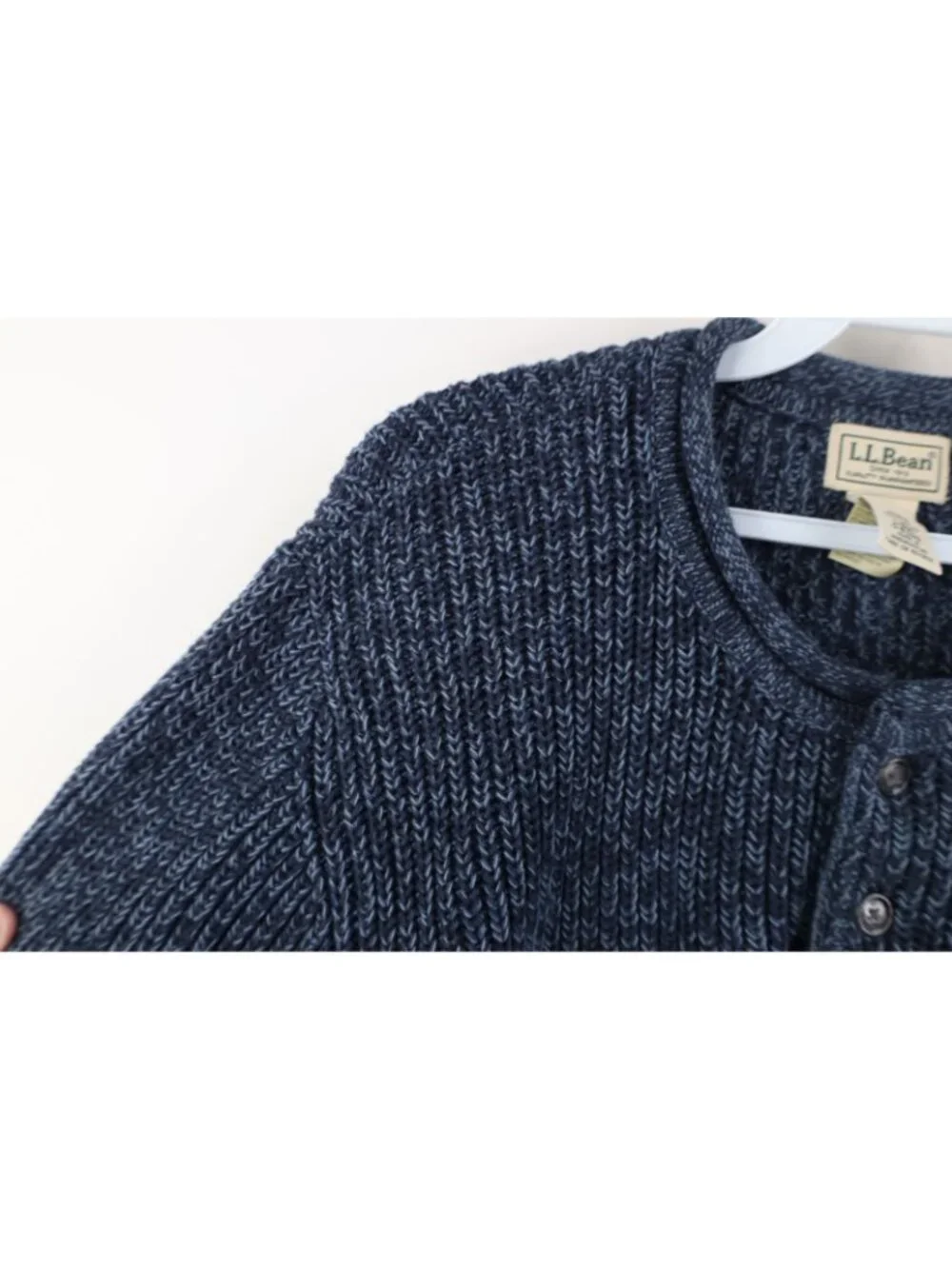 Vtg 90s LL Bean Mens Large Blank Marled Ribbed Knit Henley Sweater Blue Cotton